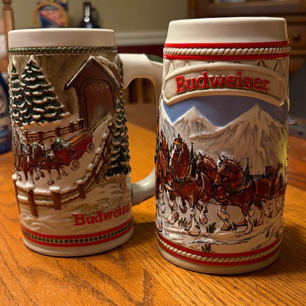 Two 1980’s Budweiser Clydesdale Mugs  Red and White Accents made by Ceramarte